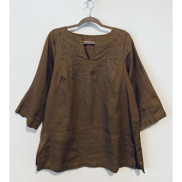 Nikki Valenti Top Womens 14 Brown Embroidered Irish Linen 3/4 Sleeve Boho Beach - Picture 1 of 7